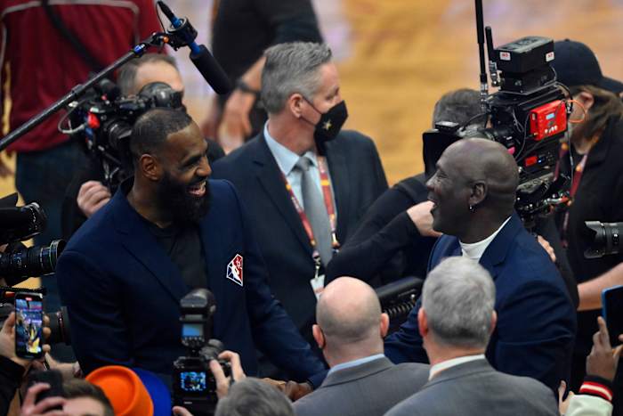 Lebron James and Michael Jordan on court during the 2022 NBA All-Star Game